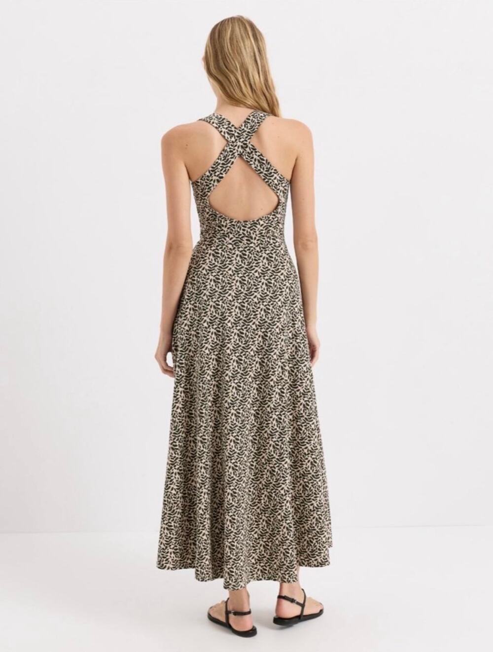 Pact Organic Cotton Fit & Flare Open Back Maxi Dress Flax Heather Leafmark XXL